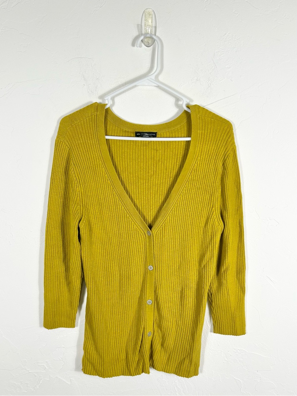 New York & Company Cardigan M Mustard Yellow Ribbed V-Neck Button Up Sweater